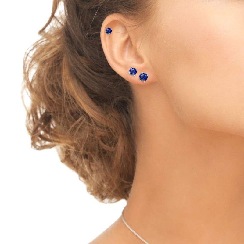 B. BRILLIANT Sapphire Earrings | 925 Sterling Silver Earing | 4mm Round Solitaire Studs Created Blue Sapphire Earrings for Women - Image 3
